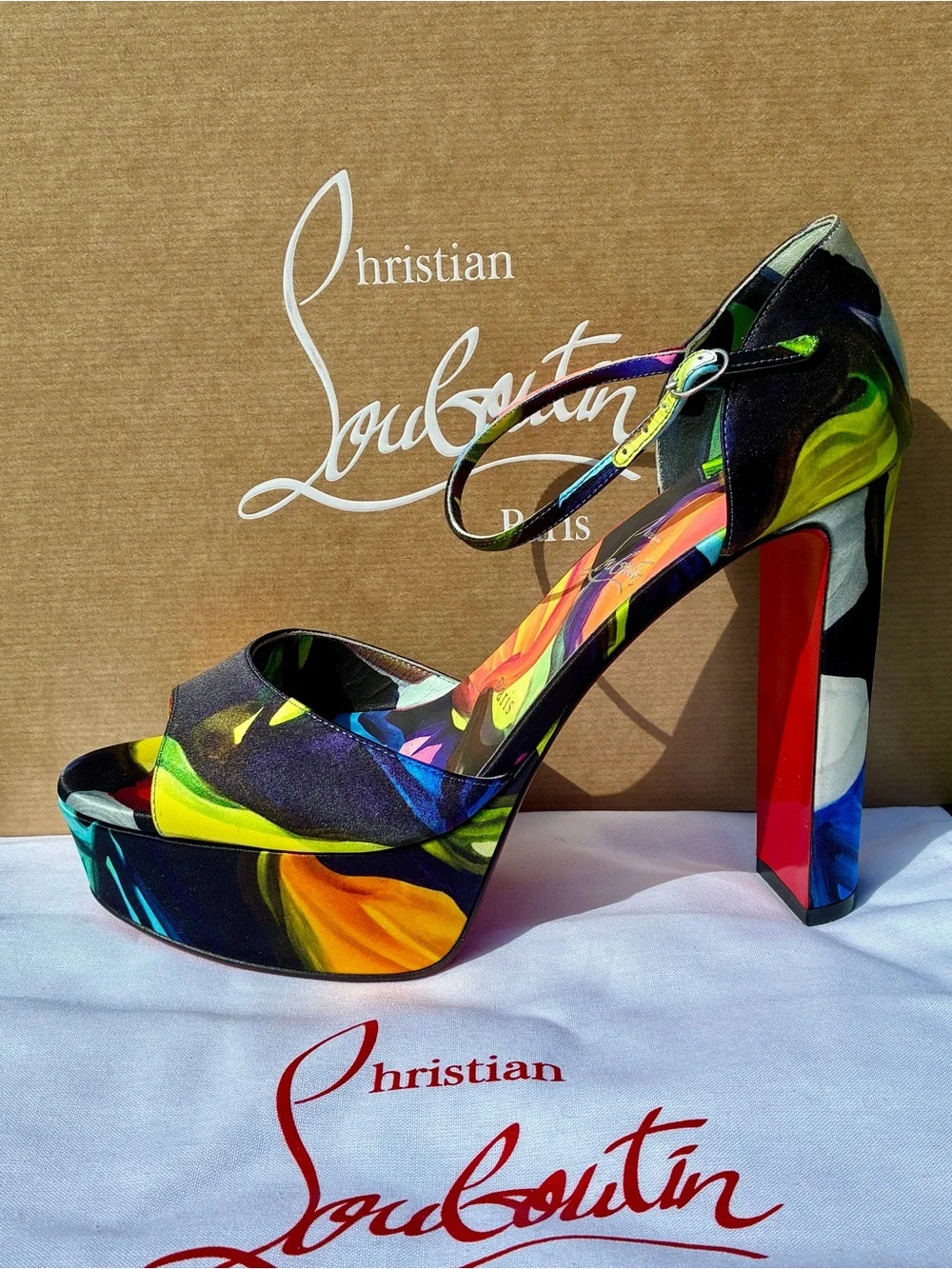 CHRISTIAN LOUBOUTIN SANDALOO BLACK MULTICOLOR SATIN LEATHER PLATFORM SANDAL SZ39